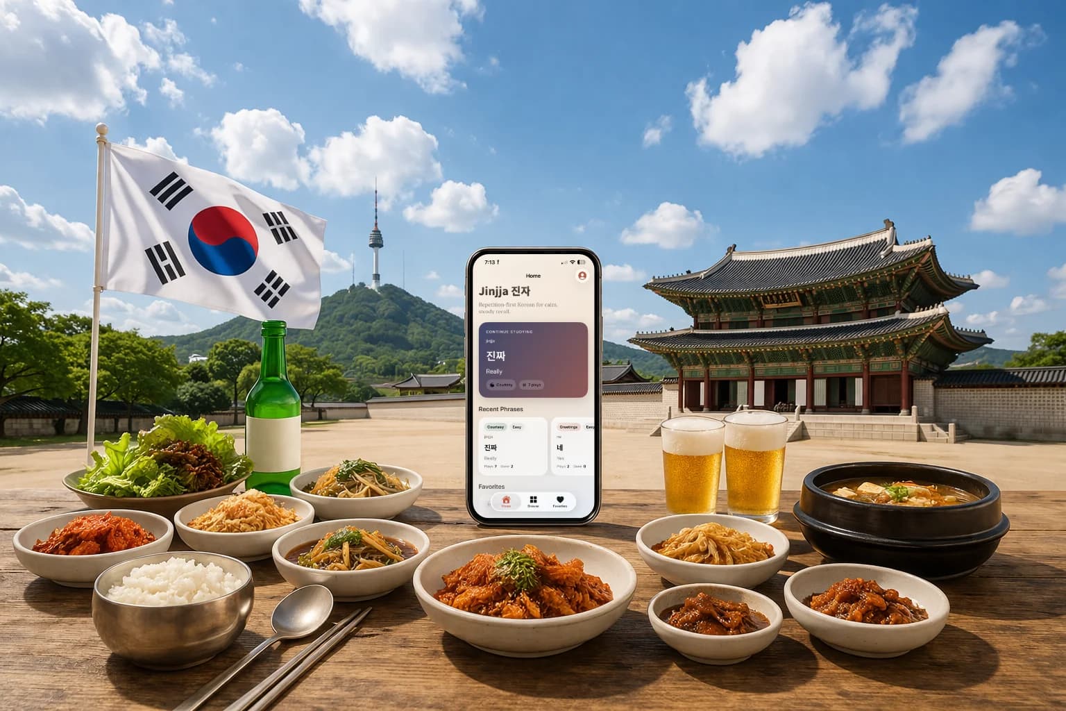 Jjin hero scene showing the app in a Korean street setting