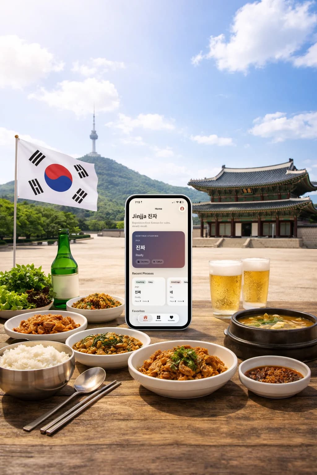 Jjin hero scene showing the app in a Korean street setting