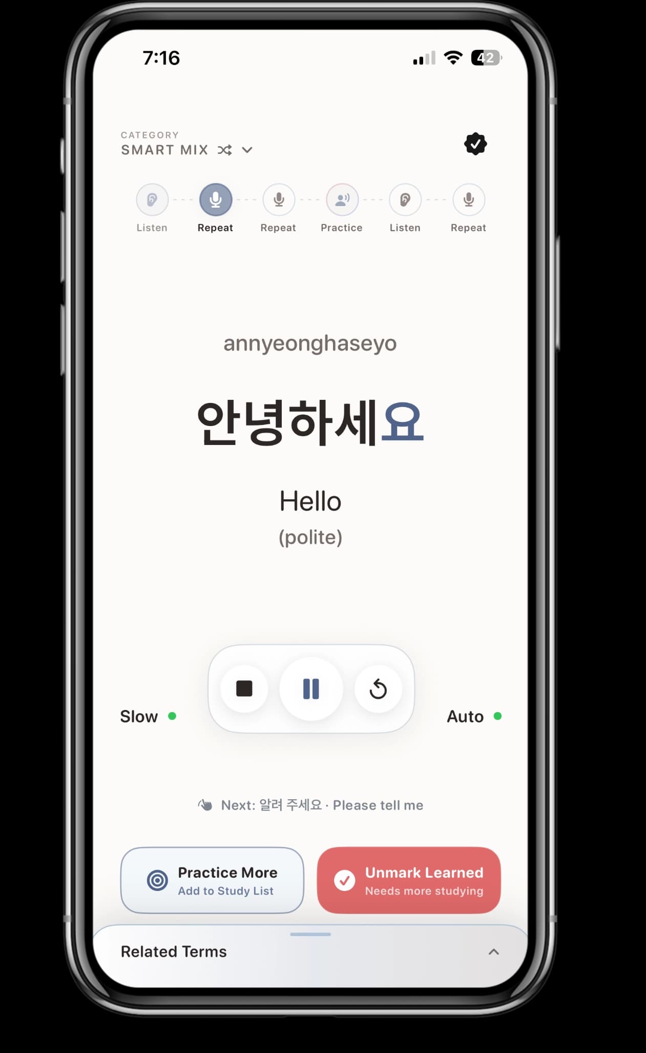 Jjin iPhone app studying annyeonghaseyo, the polite Korean greeting for hello